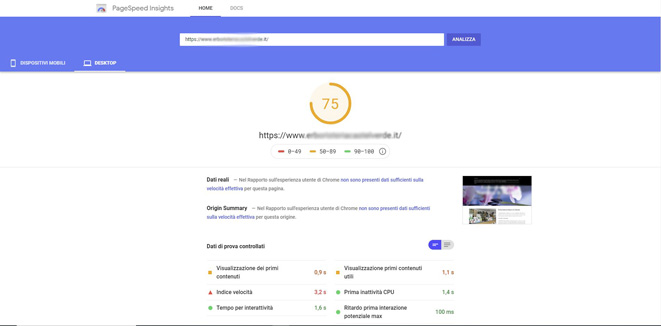 Test page speed desktop su sito con Template commerciale