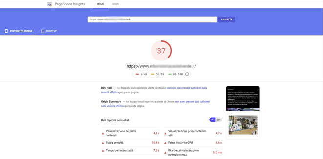 Test page speed mobile su sito con template commerciale