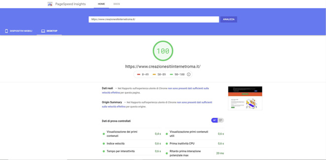 Test page speed desktop su sito con Tema WordPress Custom
