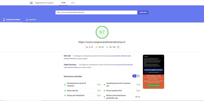 Test page speed mobile su sito con Tema WordPress Custom